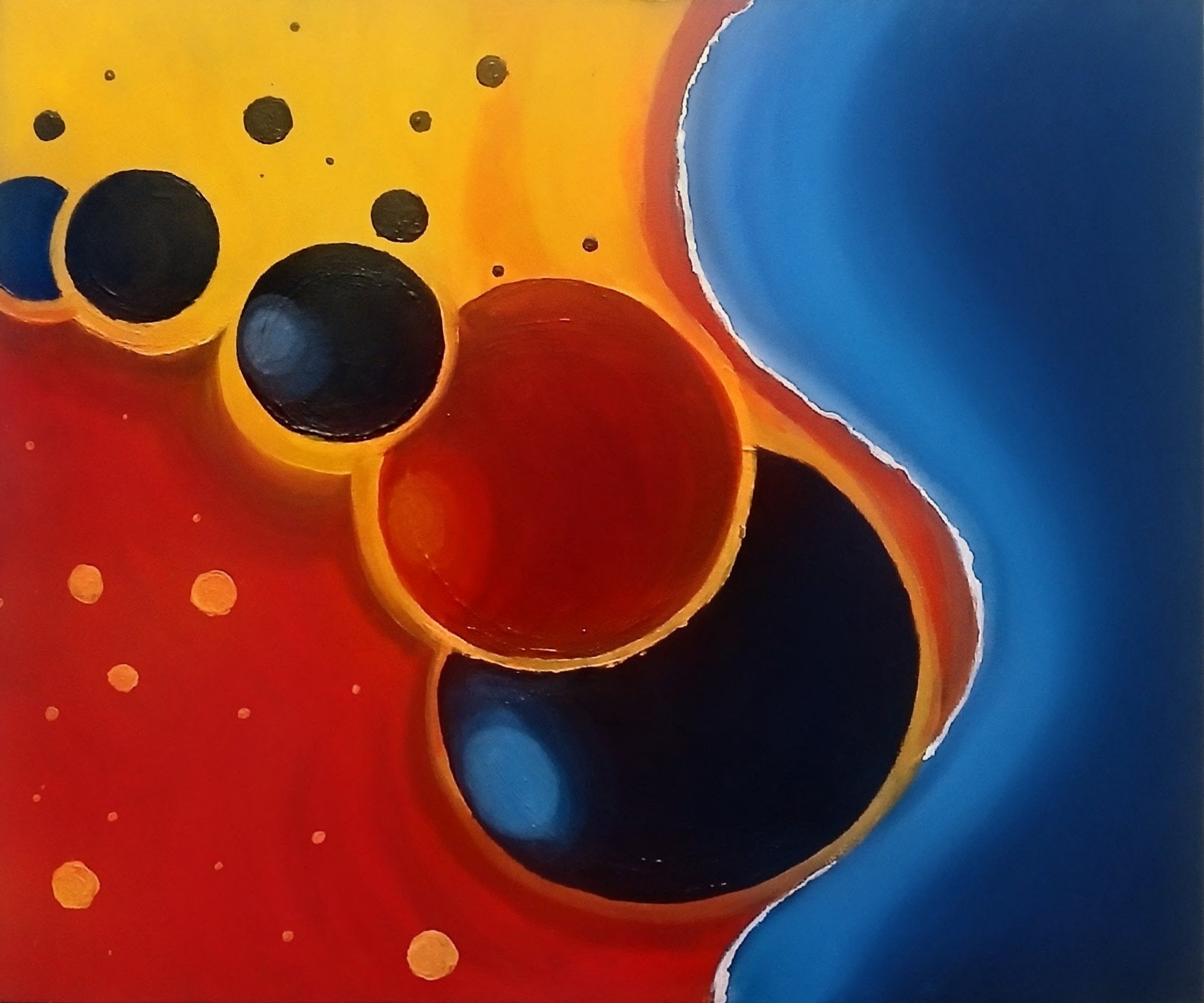 Conjunction at the Red Shore — abstract acrylic painting with circular bodies crossing warm red and yellow fields above a deep blue shore