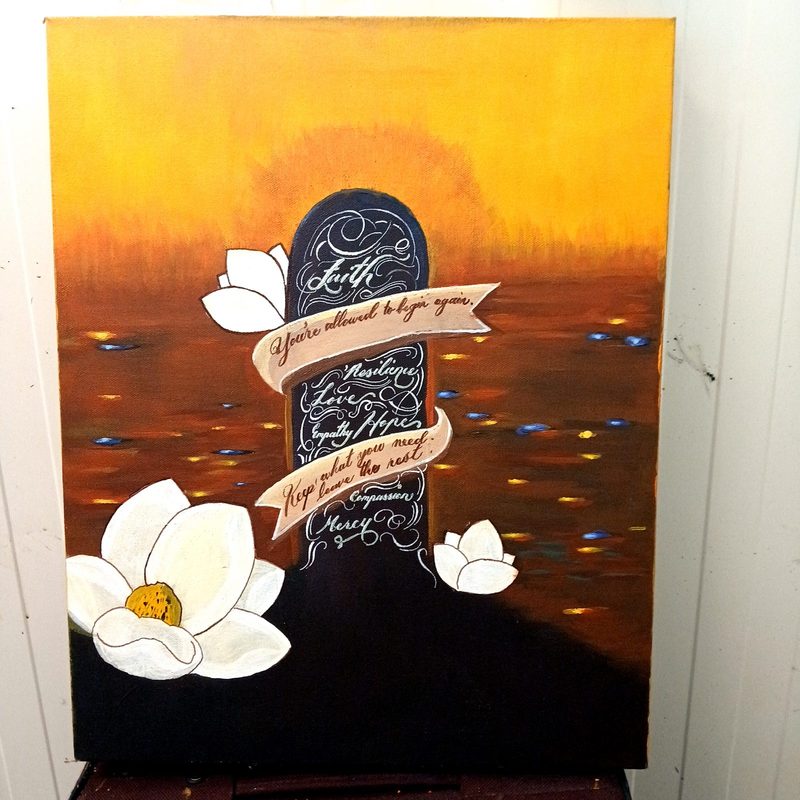 Magnolia Canticle, No. 3 — abstract acrylic painting with calligraphic structure and layered fields of color.