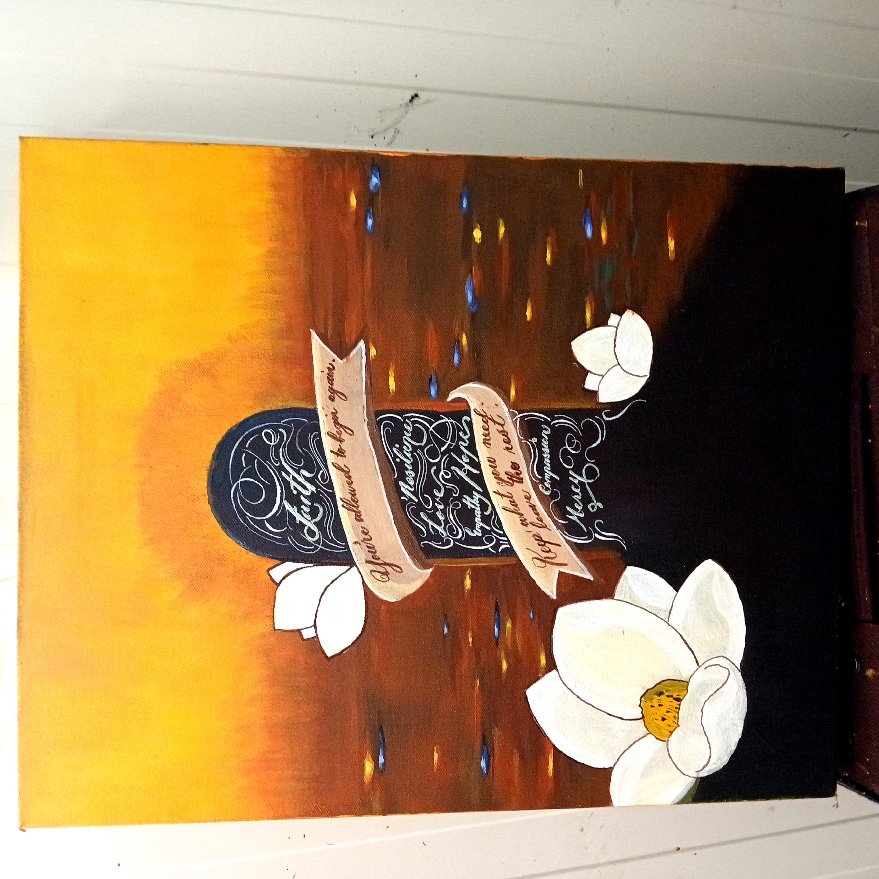 Magnolia Canticle, No. 3 — abstract acrylic painting with calligraphic structure and layered fields of color.