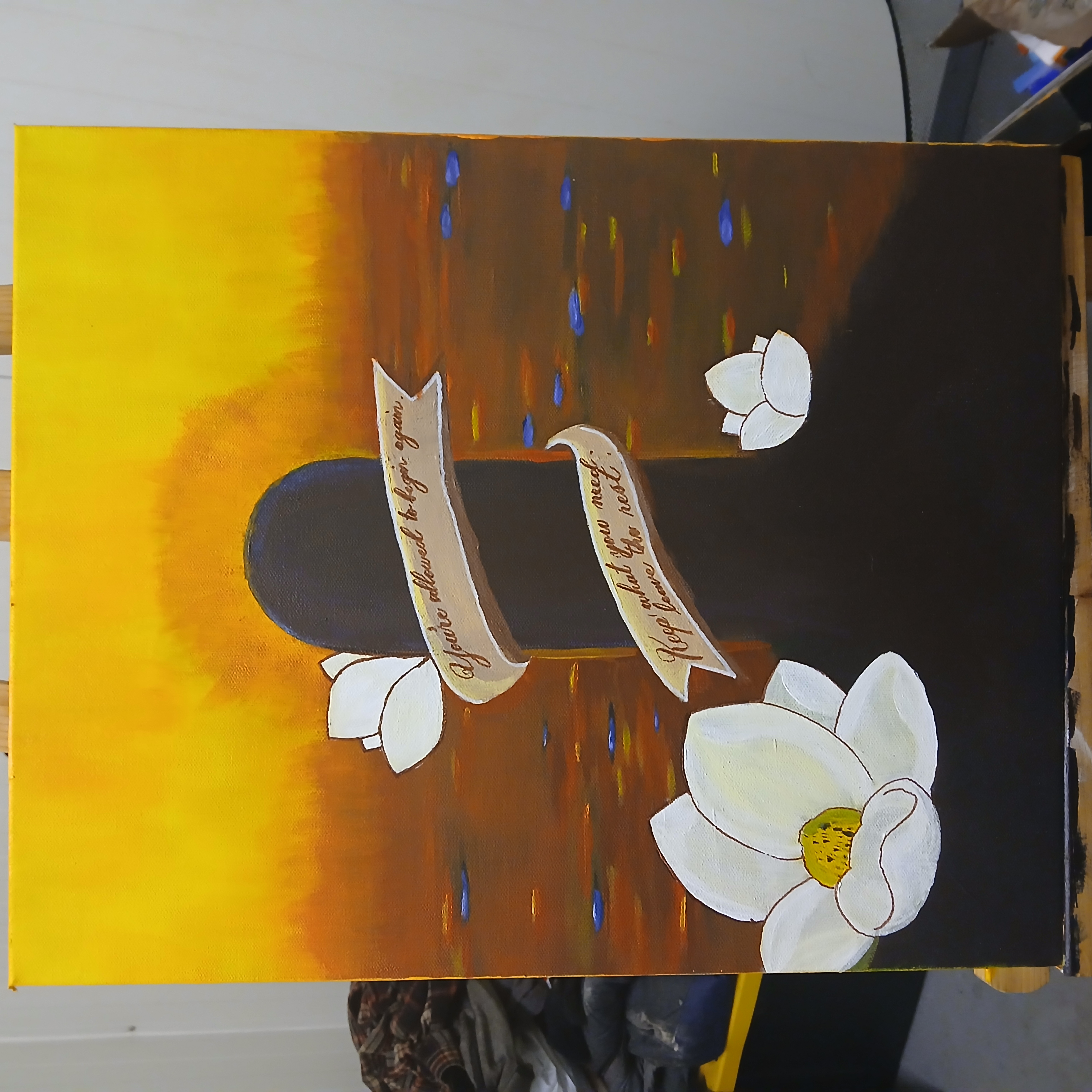 Magnolia Canticle, No. 3 — abstract acrylic painting with calligraphic structure and layered fields of color.