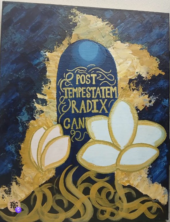 Magnolia Canticle, No. 4 — abstract acrylic painting on jute with gold calligraphic inscription and decorative scrollwork