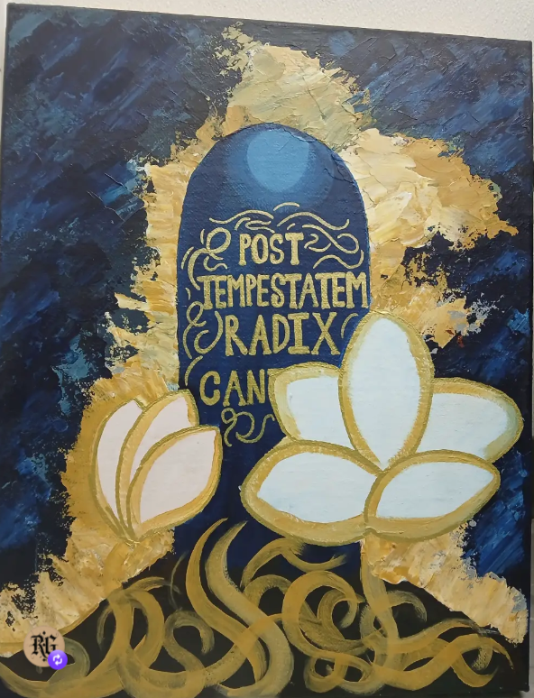 Magnolia Canticle, No. 4 — abstract acrylic painting on jute with gold calligraphic inscription and decorative scrollwork