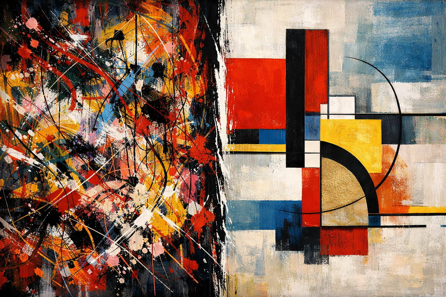 Abstract composition with gestural chaos on the left and geometric order on the right
