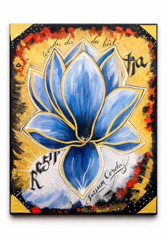 Blue lotus on a gold ground with Copperplate and Blackletter calligraphy