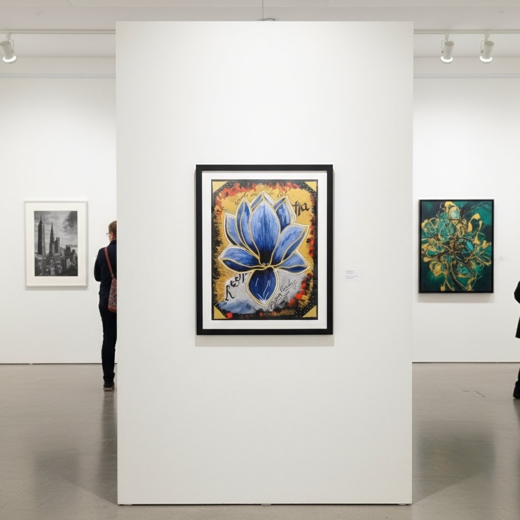 Final painting framed on a gallery wall above a bench, under a focused spotlight.