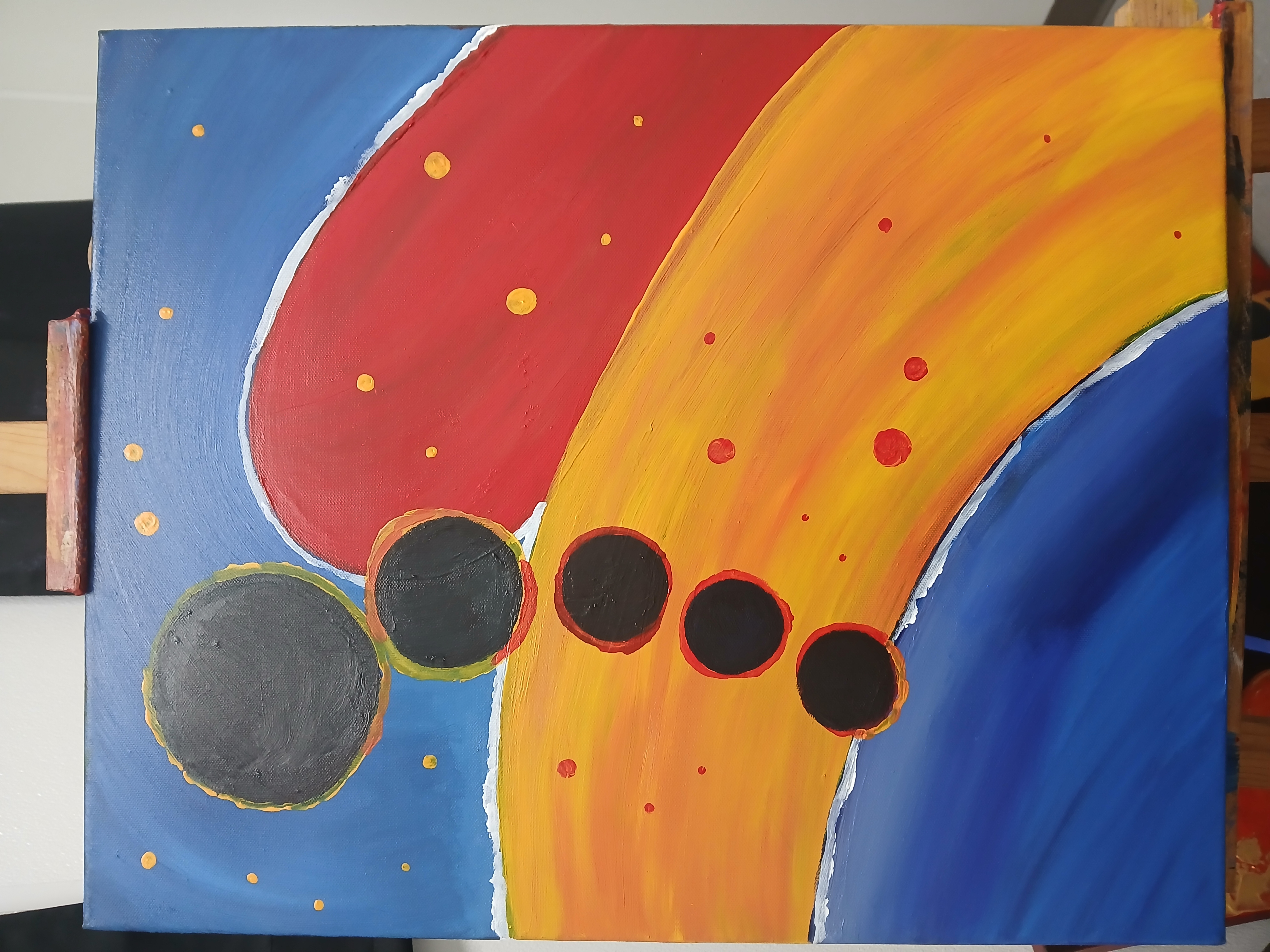 Conjunction at the Golden Passage — vertical abstract acrylic painting with dark circular bodies, blue fields, a red upper form, and a broad golden passage
