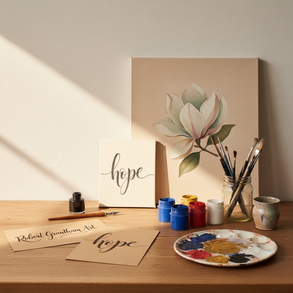 Studio workspace with brushes, paints, and calligraphy sketches