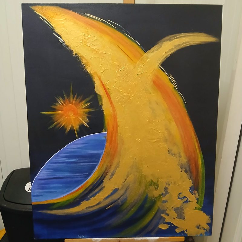 Aurum Rising — acrylic on canvas with a luminous gold seam against dark fields