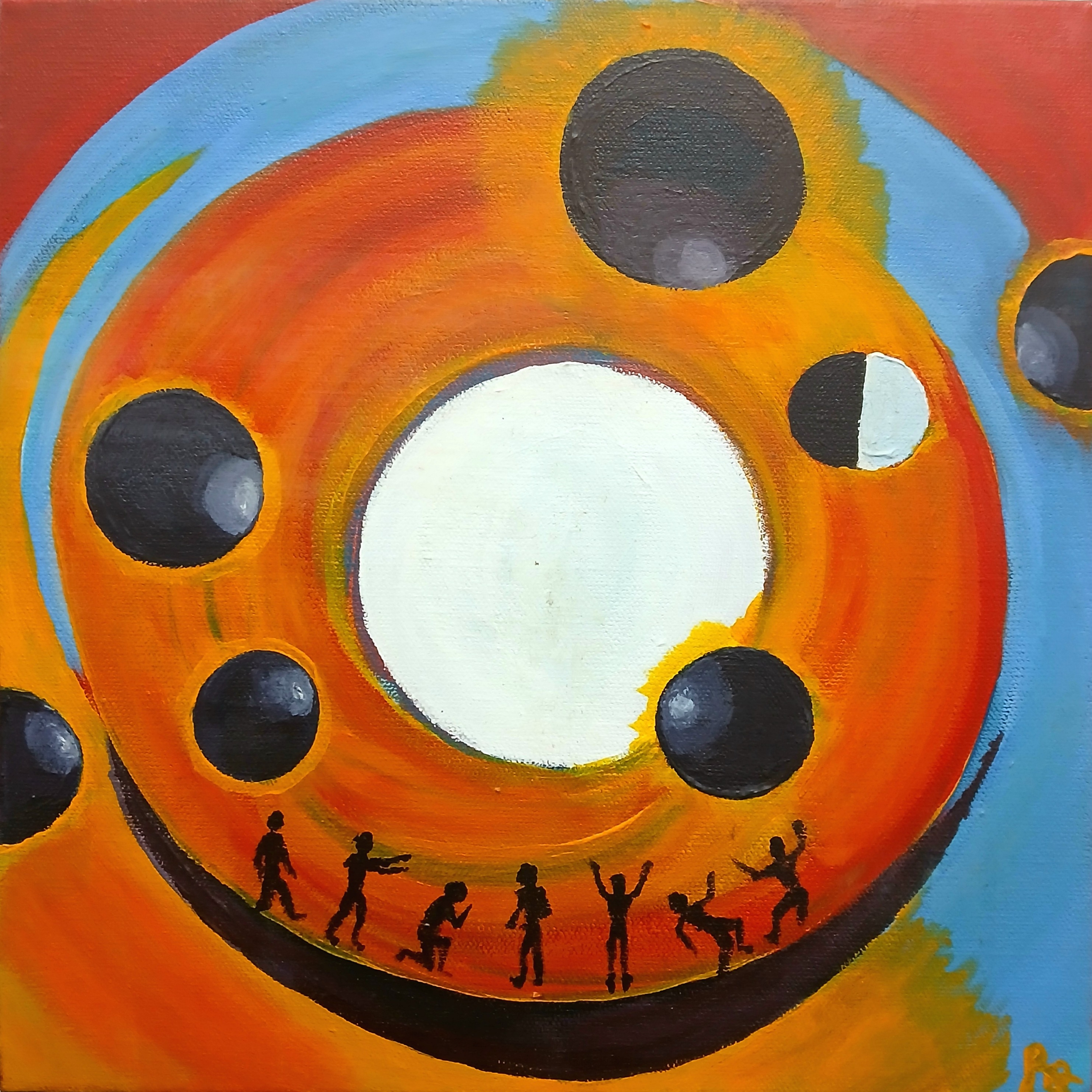 The Judge's Dance — square abstract acrylic painting with concentric orange and gold rings on red and blue, a pale central orb, seven dark orbiting bodies including one split half-black and half-white, and a row of black silhouetted dancing figures along a dark arc at the base