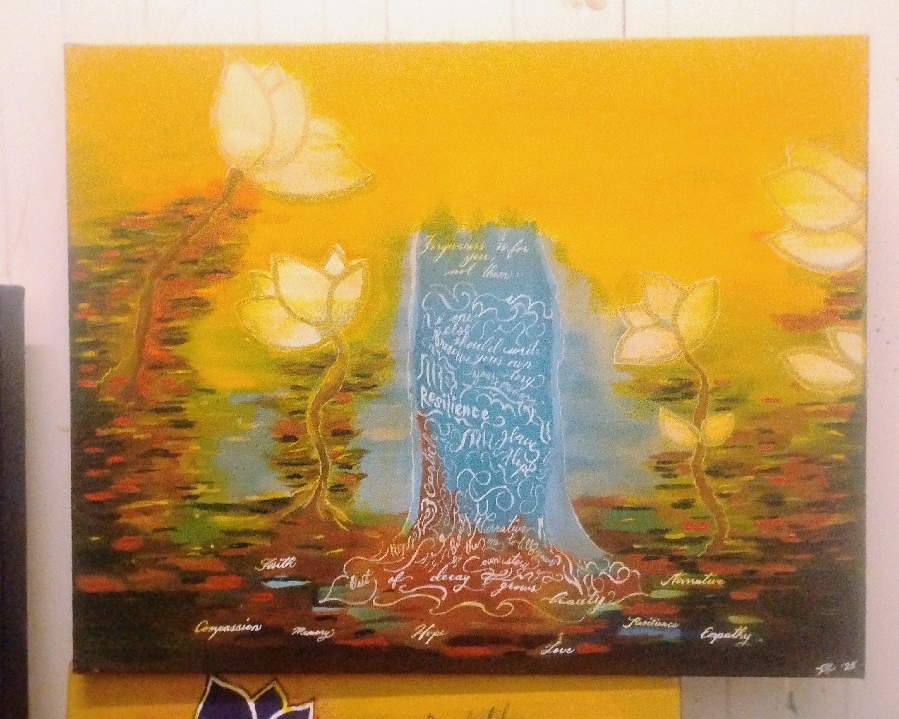 Magnolia Canticle, No. 2 — abstract acrylic painting with layered mark-making and calligraphic structure.