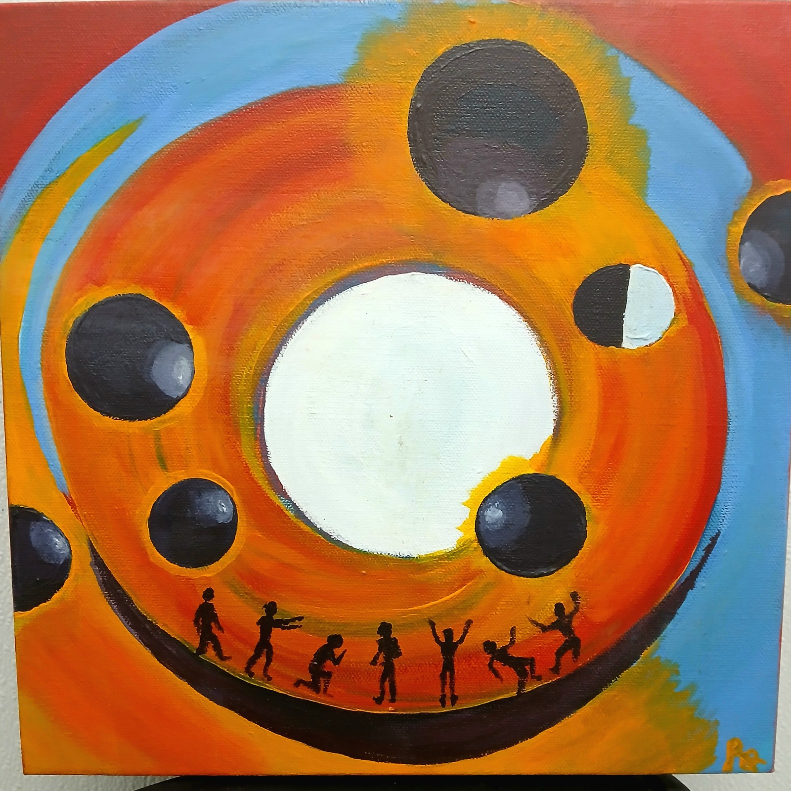 The Judge's Dance — square abstract acrylic painting with concentric orange and gold rings on red and blue, a pale central orb, seven dark orbiting bodies including one split half-black and half-white, and a row of black silhouetted dancing figures along a dark arc at the base