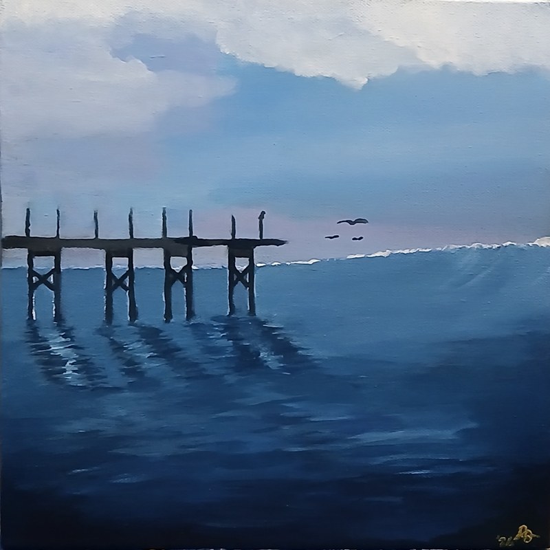 The Lonely Pier — square acrylic seascape in deep blues, a dark pier on cross-braced pilings reaching from the left edge, its reflection broken across the water, a wave curling toward the right, three birds, and a bank of cloud over a pale horizon
