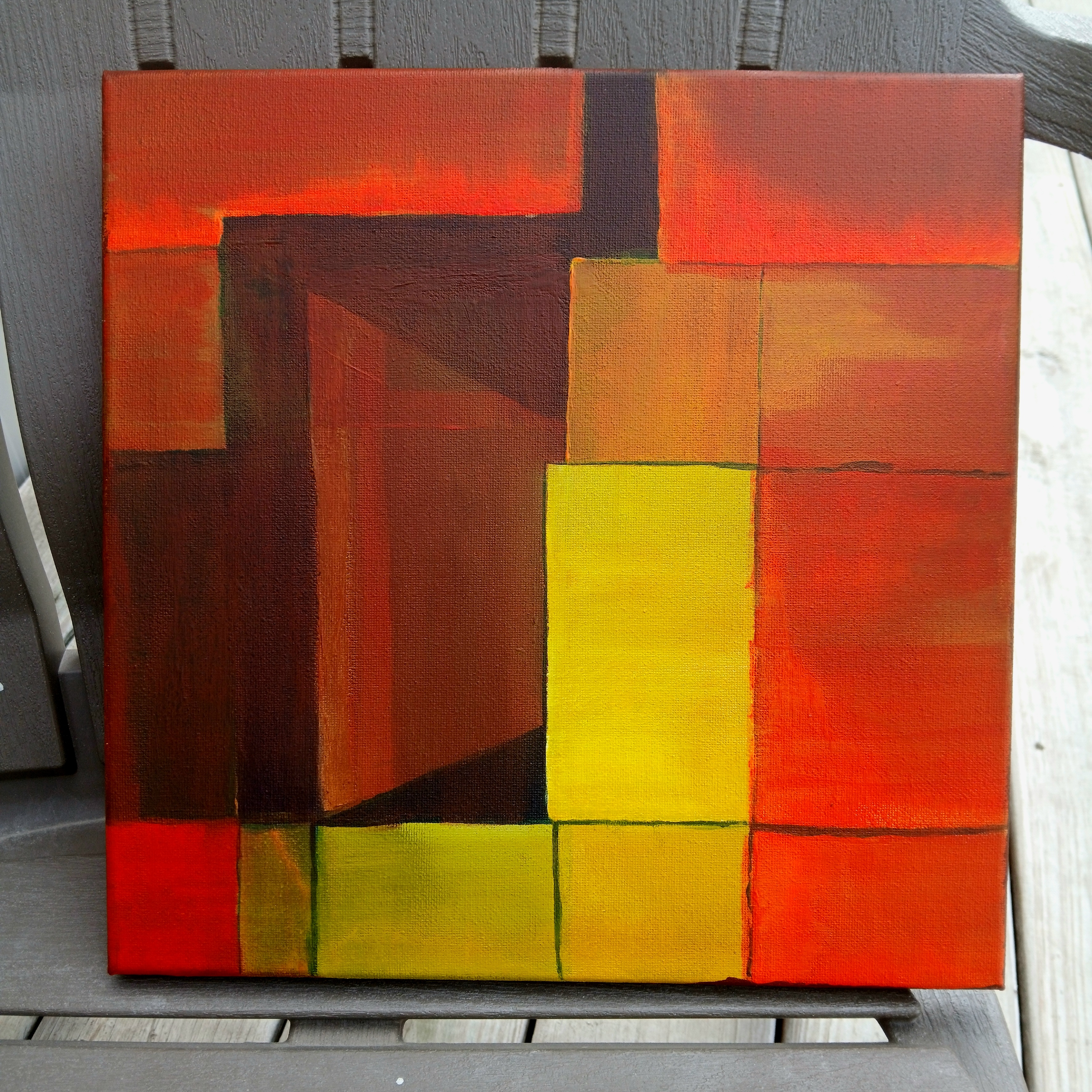 Threshold of Heat — abstract acrylic painting with red, orange, black, and calligraphic structural forms