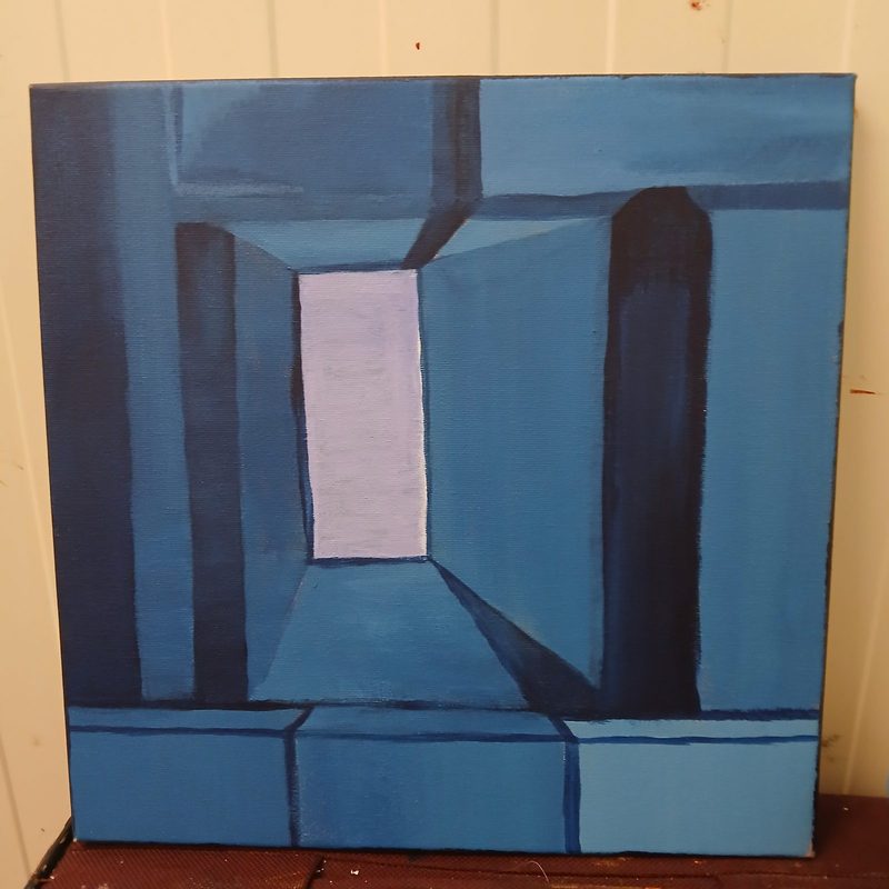 Threshold of Night — abstract acrylic painting in blue and dark tones with layered calligraphic and structural forms