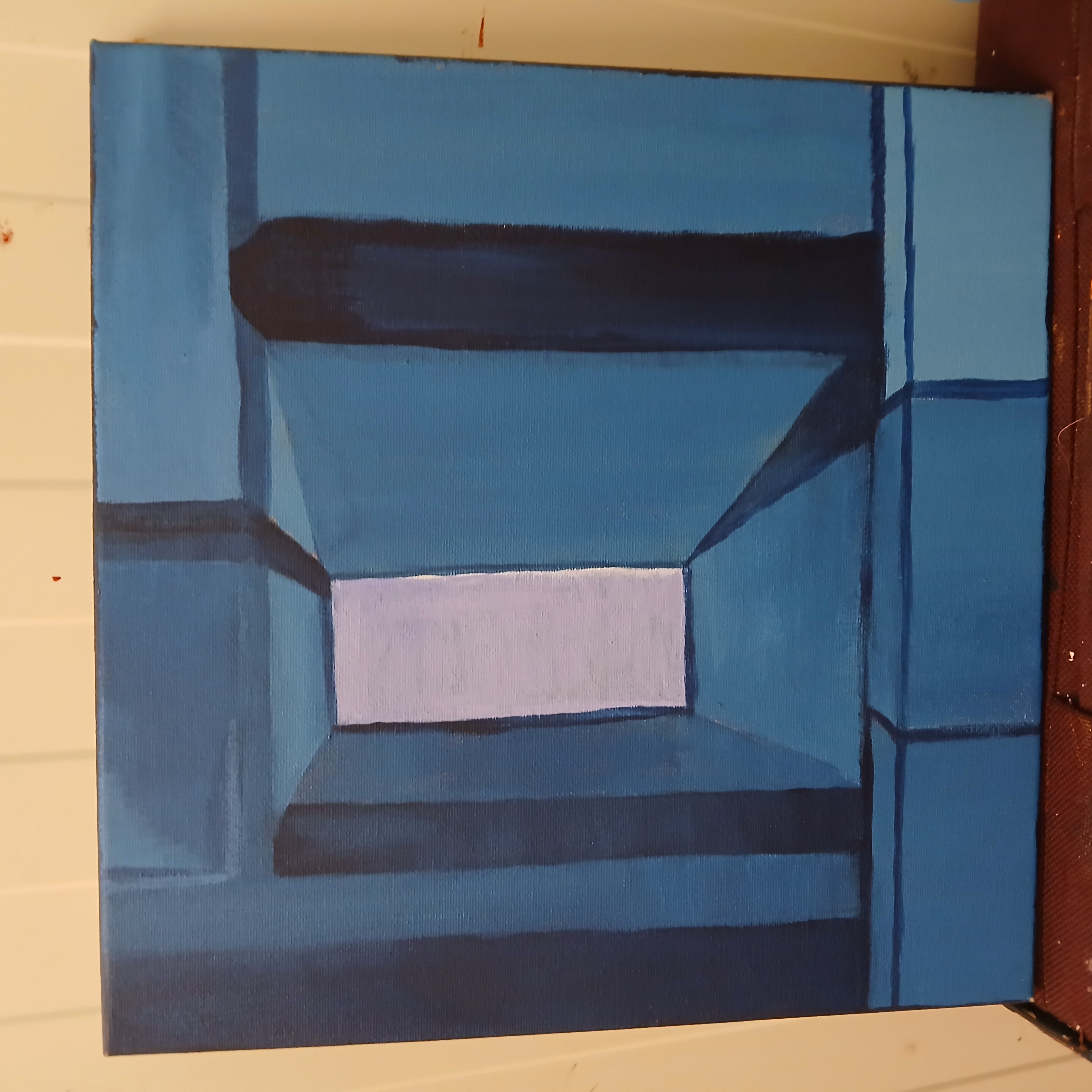 Threshold of Night — abstract acrylic painting in blue and dark tones with layered calligraphic and structural forms